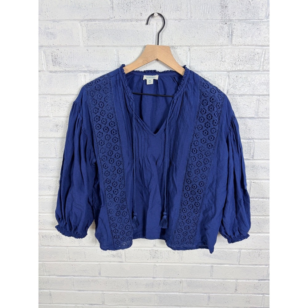 Sundance Linen Blend Peasant Top Womens PM Blue Lace Tassel Boho